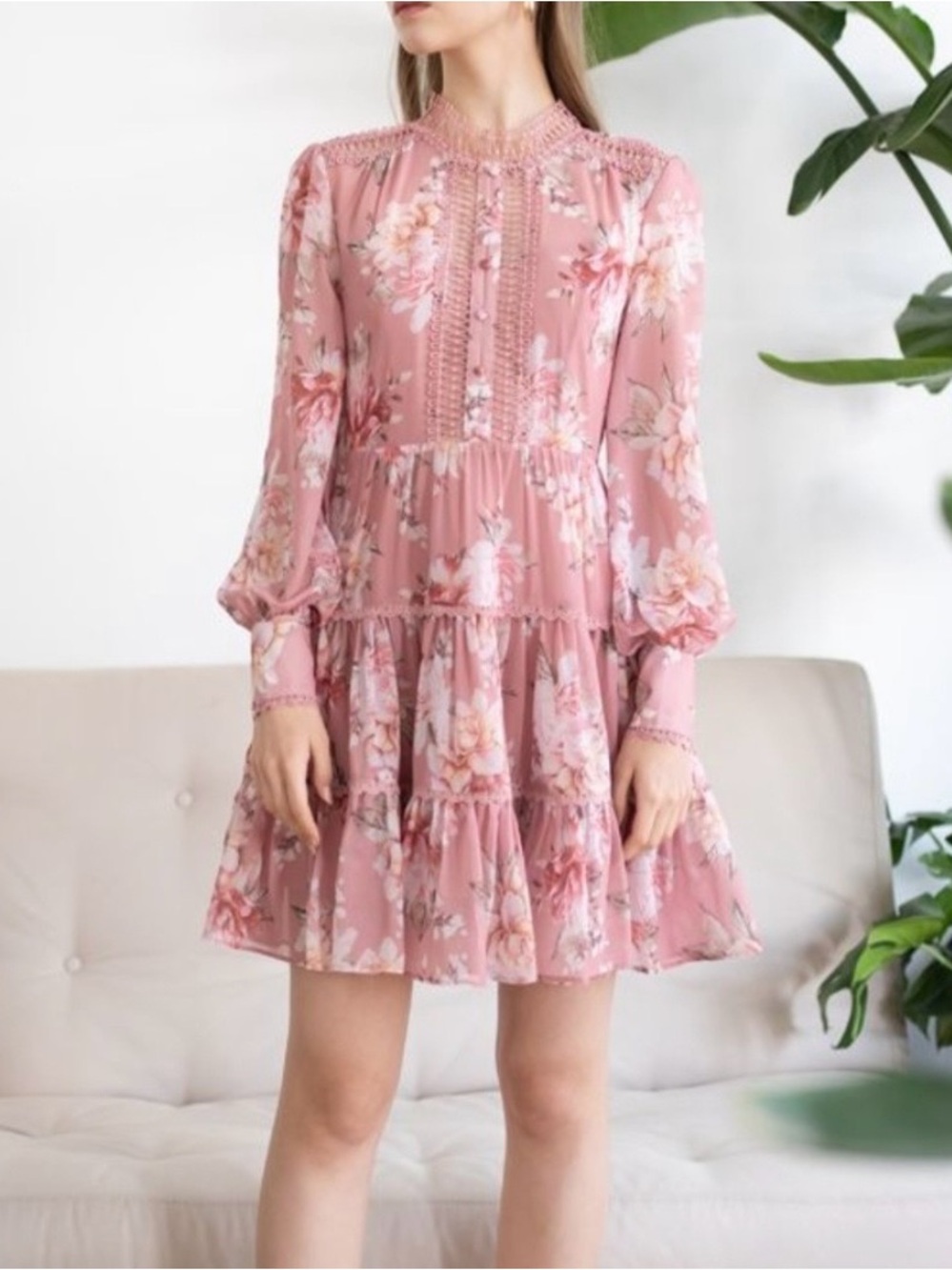 Chicwish Pink Floral Tiered Long-Sleeve Dress - Size M